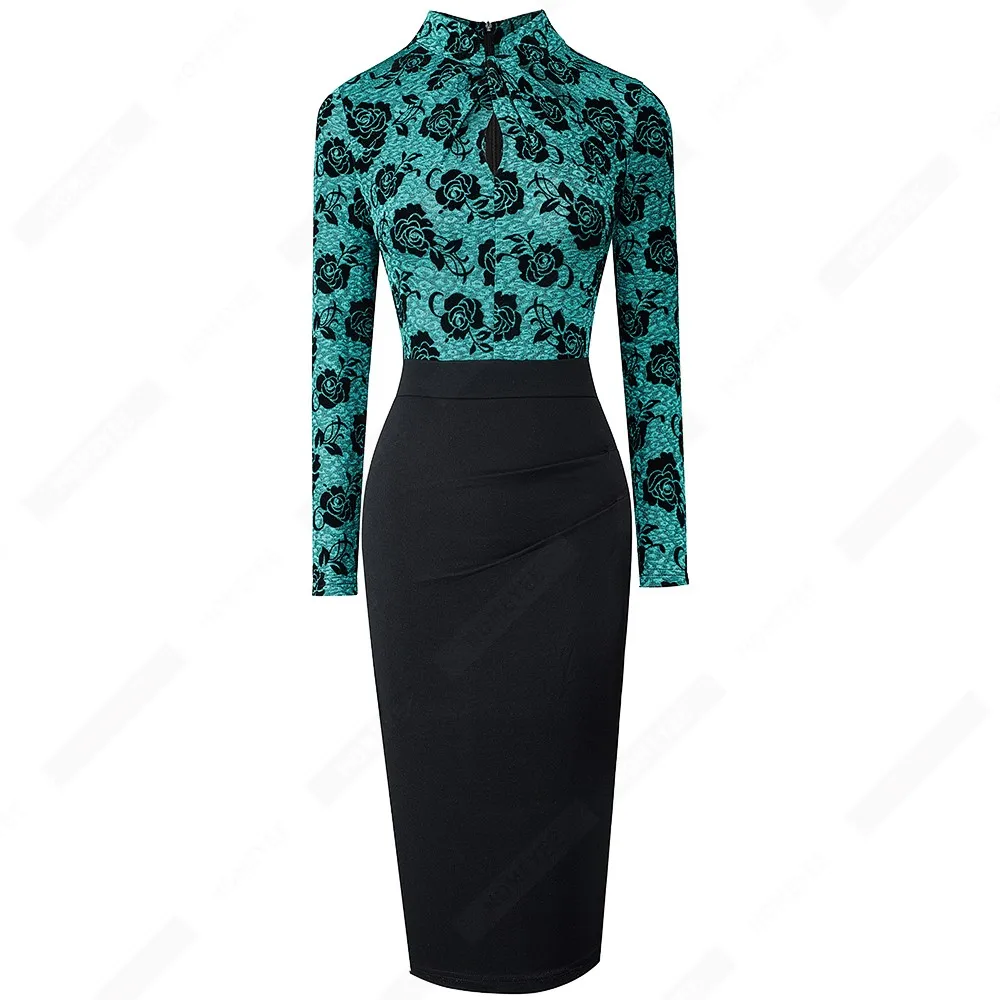 Elegant Work Office Business Drapped Contrasting Bodycon Slim Lady Women Sexy Front Key Hole Summer Pencil Dress EB430 images - 6