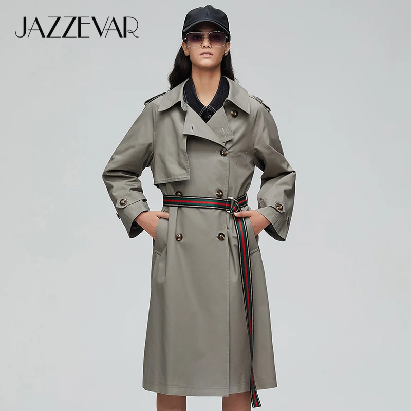 JAZZEVAR Новое поступление осенний плащ хаки пальто женский модный стиль х-длинная хлопковая свободная одежда с поясом топ женская одежда для осень