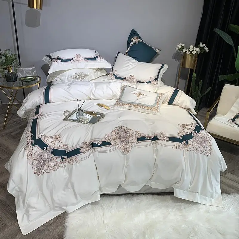 

100%Egyptian Cotton White Duvet Cover Bed Sheet Set 2 Pillow Shams Queen King size Luxury Embroidery Bedding sets with Gift Box