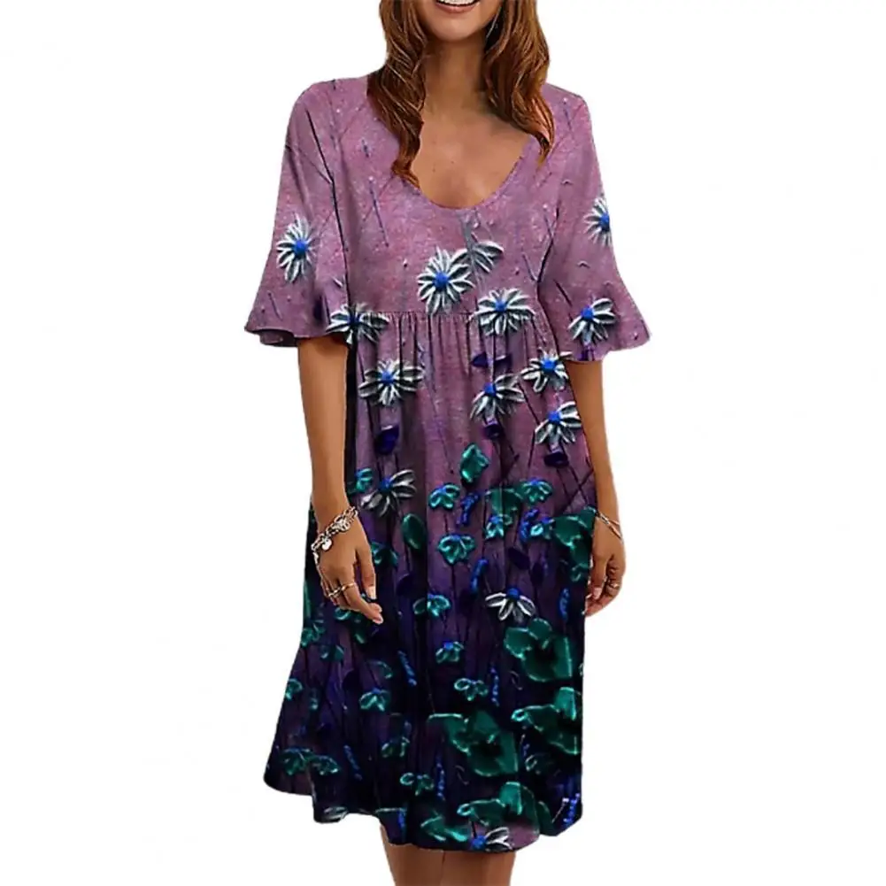 

Summer 2021 ladies dress floral print short-sleeved loose knee-length dress women's summer beach vacation dating beach dress