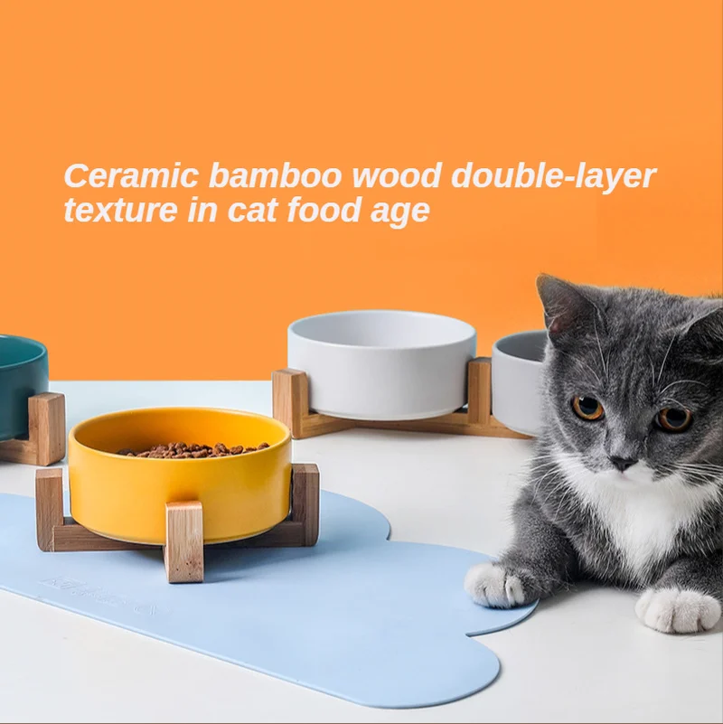 

Pet Ceramic Double Bowl, with Bamboo Frame, Cat Bowls, Dog Bowl, Pet Drinking Bowl, Food Container, Cat and Dog Feeding Supplies