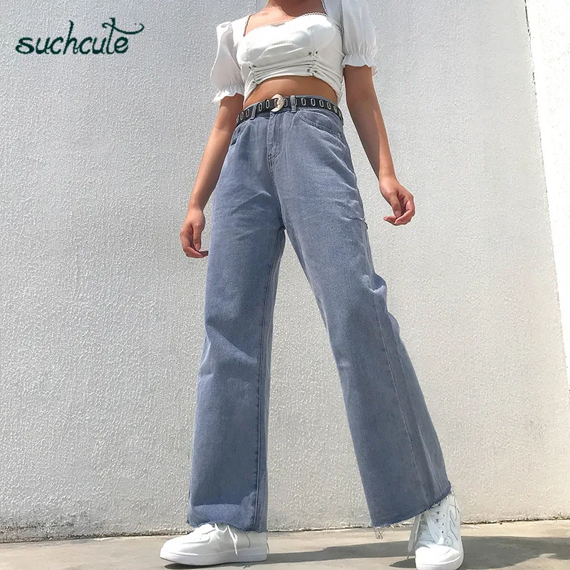 SUCHCUTE/джинсы с высокой талией женские брюки с широкими штанинами, большие размеры, стильные брюки в стиле панк в Корейском стиле, повседневные женские Джоггеры в Корейском стиле