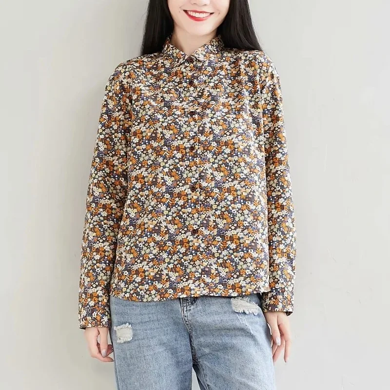 

Women Spring Autumn Cotton Shirts Korean Vintage Turn-down Collar Long Sleeve Chic Floral Printed Temperament Basic Blouses Top