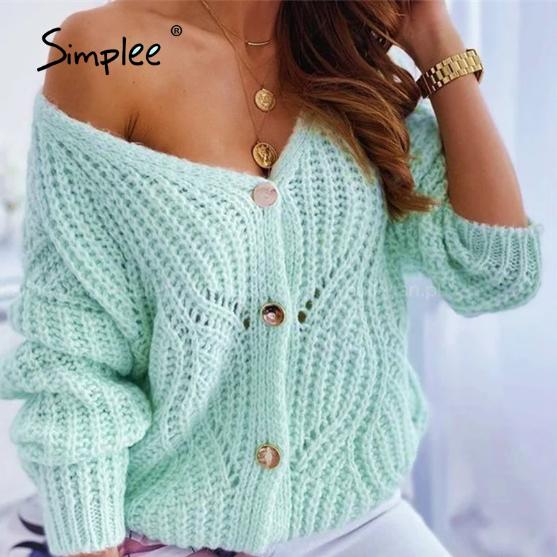 

Simplee Oversized off shoulder green cardigan women Casual long sleeve sweater cardigan autumn Loose button elastic fashion tops