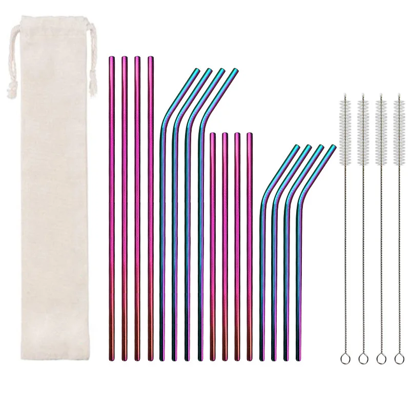 

7/16Pcs Reusable 304 Stainless Steel Straw Kit Multi-color Titanium-plated Beverage Straw With Cleaning Brush Bar Accessories