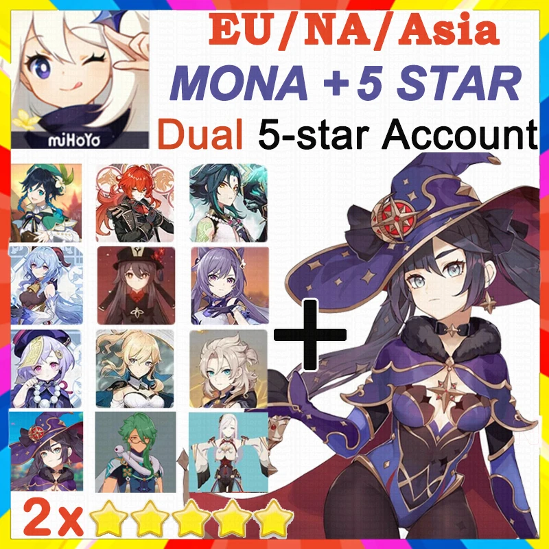 

Genshin Impact Mona Dual 5star Account Level 5-10 Double 5-star Travelers Mona Hutao Xiao Venti Qiqi Jean Diluc Keqin EU/NA/Asia