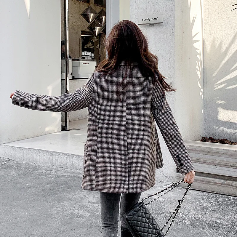 

ICHOIX Houndstooth Slim Waist Woolen Coat Female 2020 Winter Fashion Bralazer Korean Style Thick Suit Women's Autumn Suit Coat