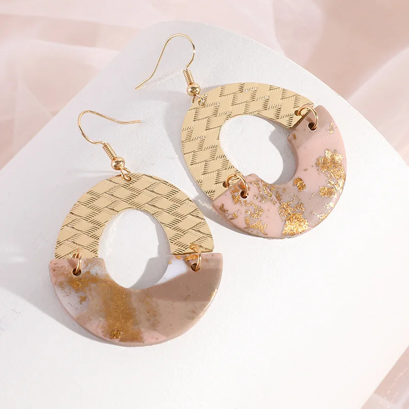 Полукруглые Лоскутные серьги ручной работы из полимерной глины золотого цвета с