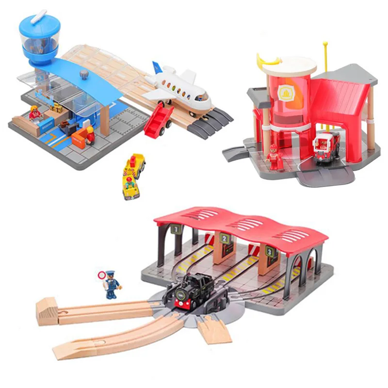 Vías de tren de madera para niños, accesorios para estación de bomberos, piezas de tren de madera, juguetes educativos, regalos
