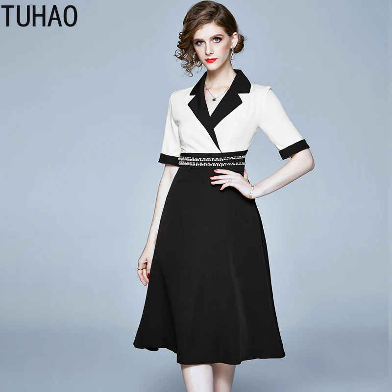 

Женское офисное платье с коротким рукавом TUHAO, Белое и черное Деловое платье средней длины для работы и вечеривечерние, модель WM62 на лето, 2020