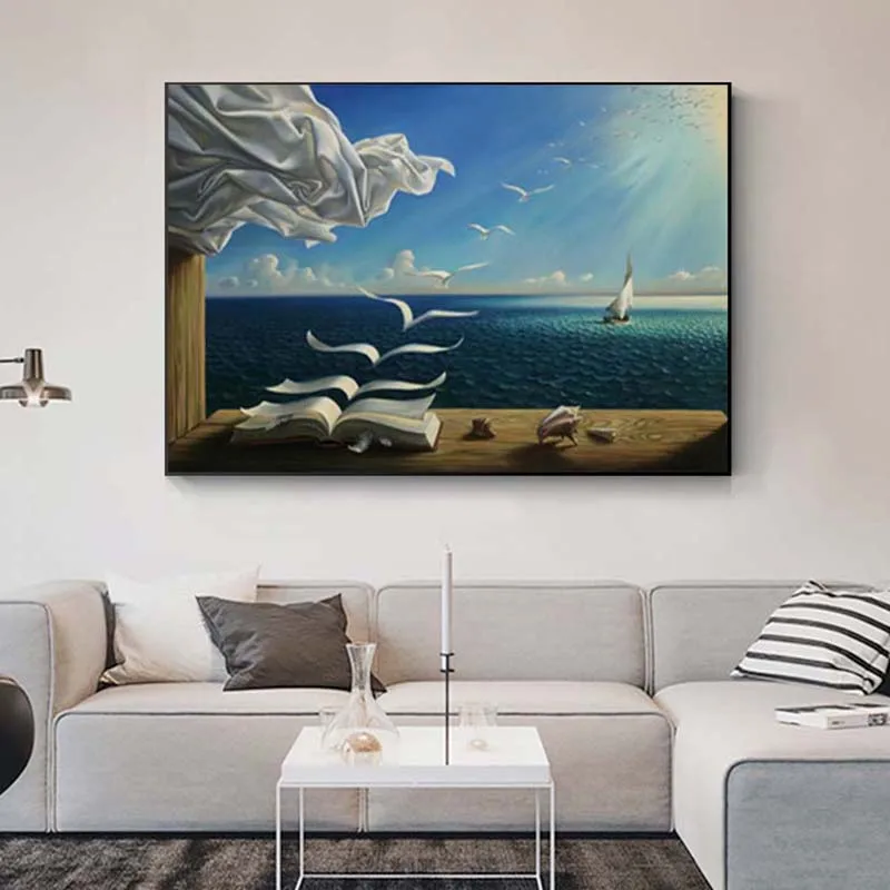 

Salvador Dali The Waves Book Sailboat Oil Painting on Canvas Posters and Prints Cuadros Wall Art Pictures For Living Room
