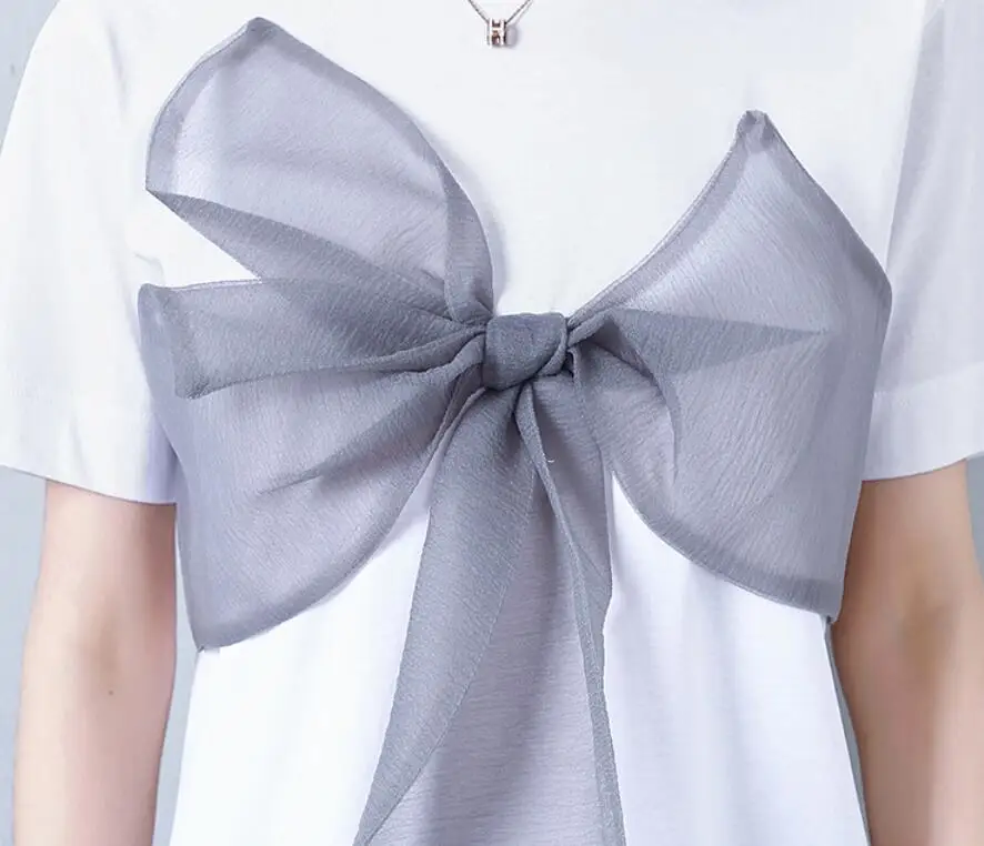 

2021 New Summer Fashion Sweet T Shirt Tops Women White Round Neck Splicing Bow Short Sleeve Casual Personality T-shirt Tide s996