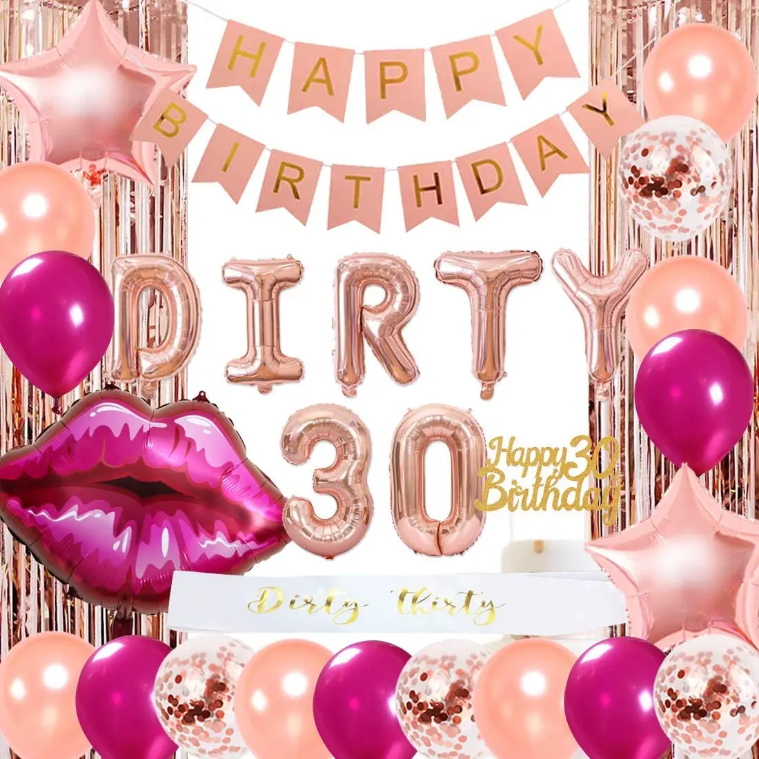 

Украшения для вечеринки в честь 30-го дня рождения для женщин, розовое золото, грязные 30 губ, фольгированные воздушные шары, баннер, пояс, торт...