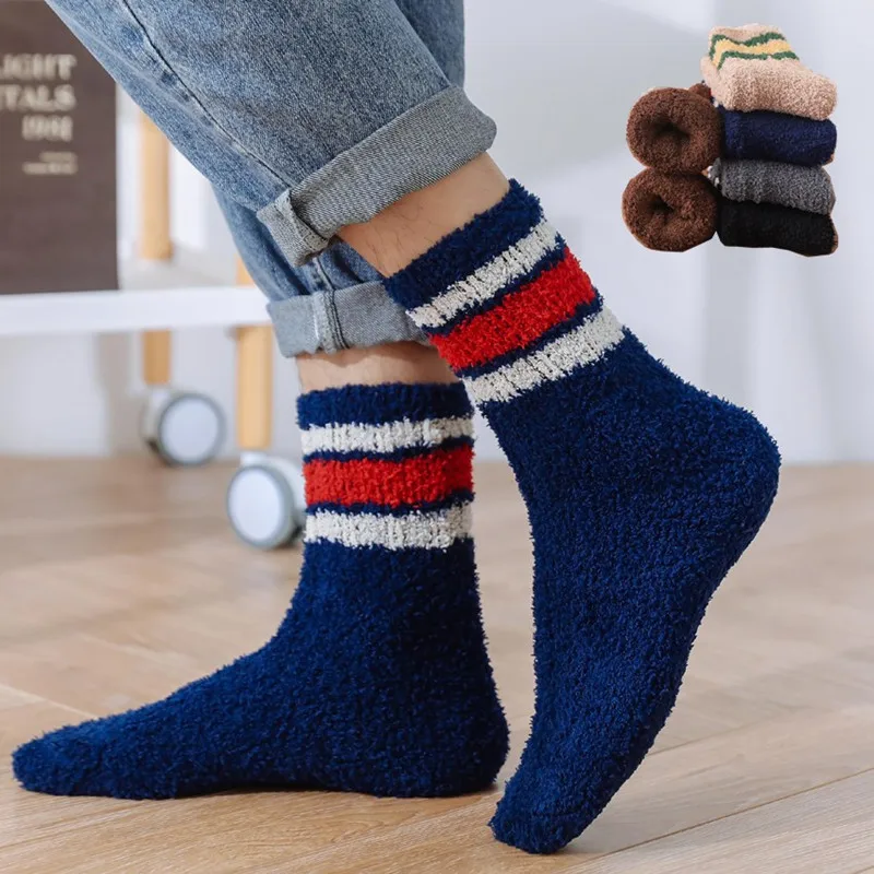 Three bar stripe rhombus Men Socks Thick Coral Velvet Winter Warm Soft Fluffy Home Indoor Floor Terry Towel Fuzzy   Male Meia