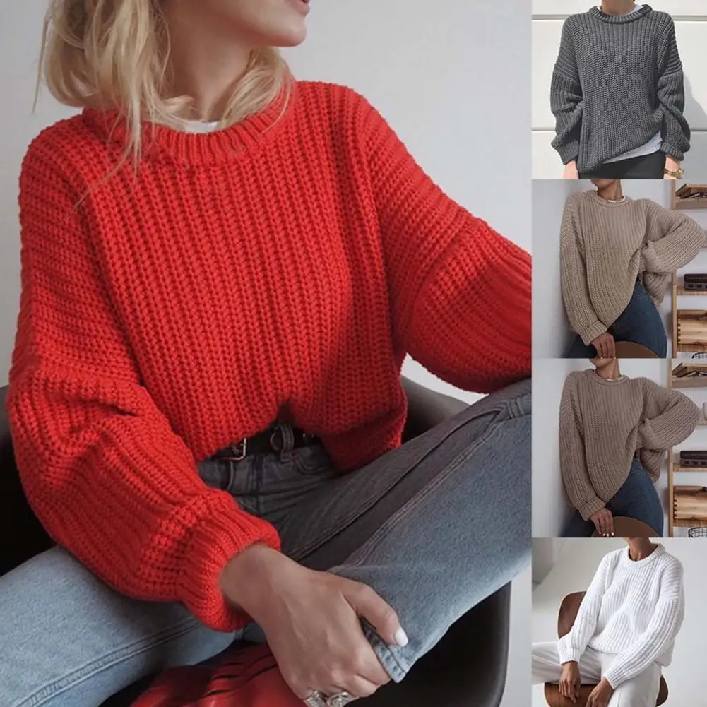 

Women's Sweater O-Neck Long Sleeve Ribbed Edge Knitted Sweater Solid Color Thicken Oversize Casual Loose Coarse Yarn Sweater