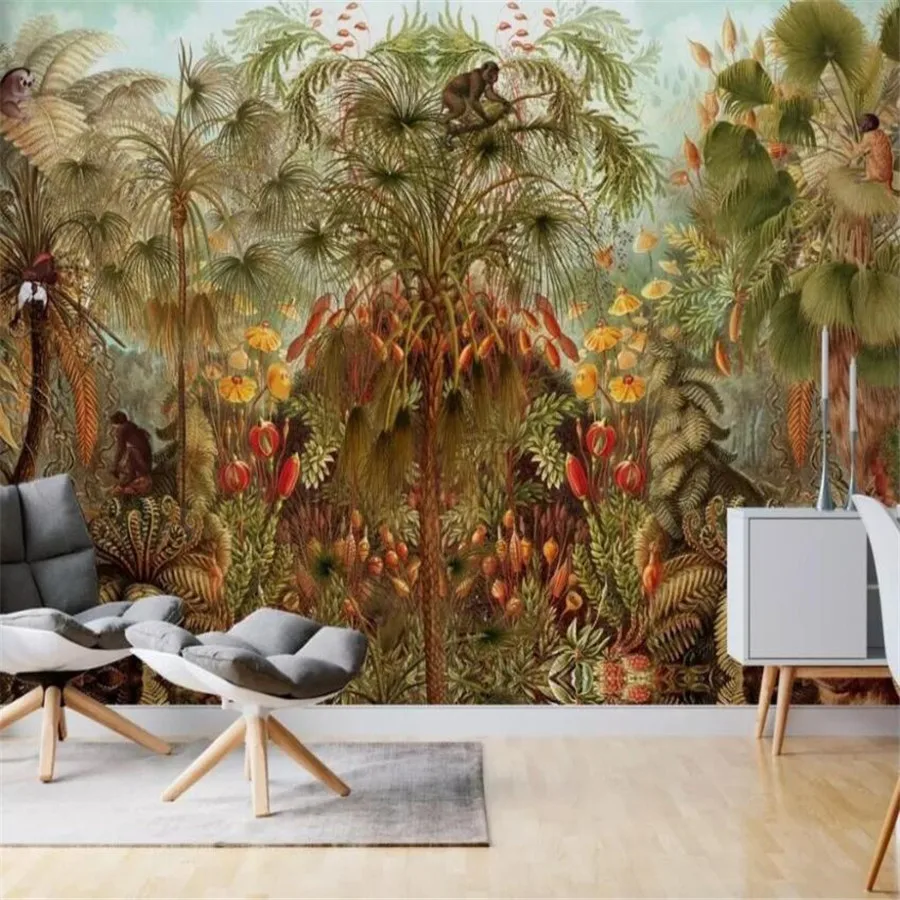 

Milofi custom 3D wallpaper mural tropical rainforest palm tree monkey natural scenery living room background wall home decoratio