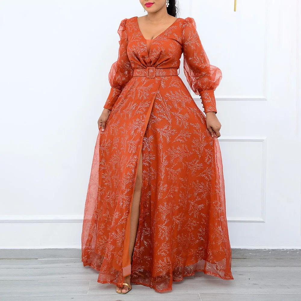 

Europe America V-neck Printing Women's Fashion Temperament Commute Split Fork High Waist Long Sleeve Dress Casual Autumn 2021