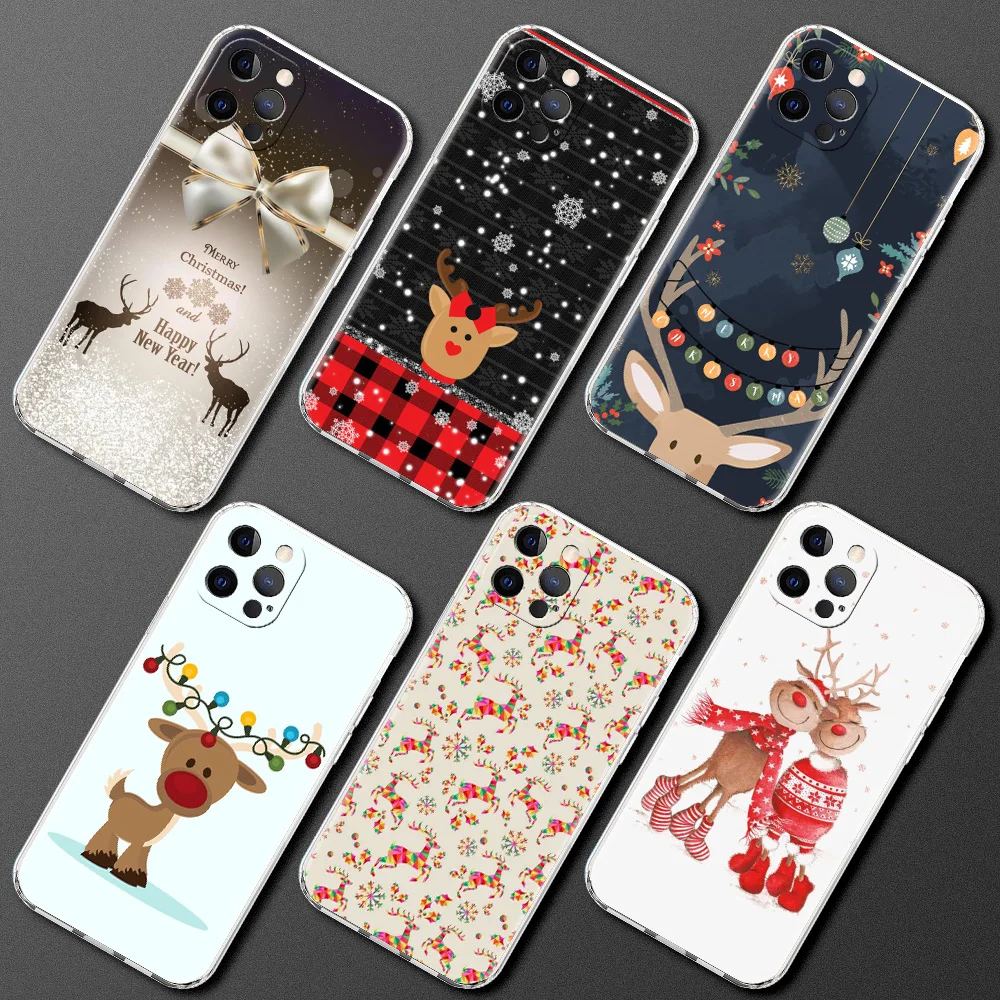 

Christmas New Year Gifts Elk Snow Transparent Phone Case for iPhone 13 12 11 Pro Max X XR 8 7 Plus SE 2020 XS Max Luxury Shell