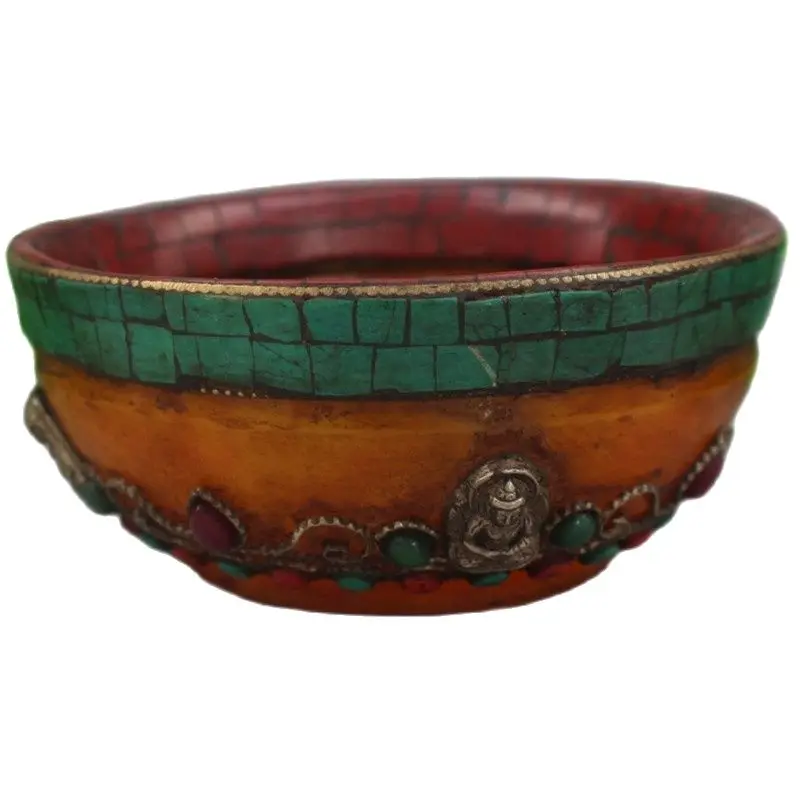 Antique amber inlaid with natural green turquoise coral Tibetan Buddhist bowl collection craft gift | Дом и сад