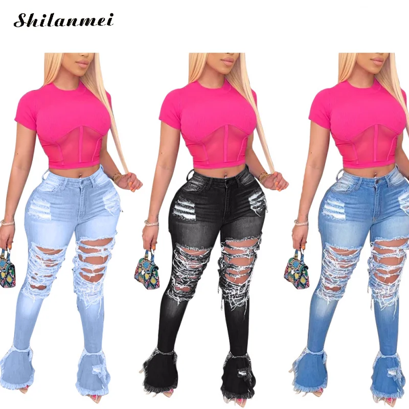 

Fashion Ripped Jeans for Women High Waist Denim Vintage Flare Jeans With Holes Patchwork Jean Denim Pants Plus Size Trousers