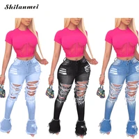fashion ripped jeans for women high waist denim vintage flare jeans with holes patchwork jean denim pants plus size trousers