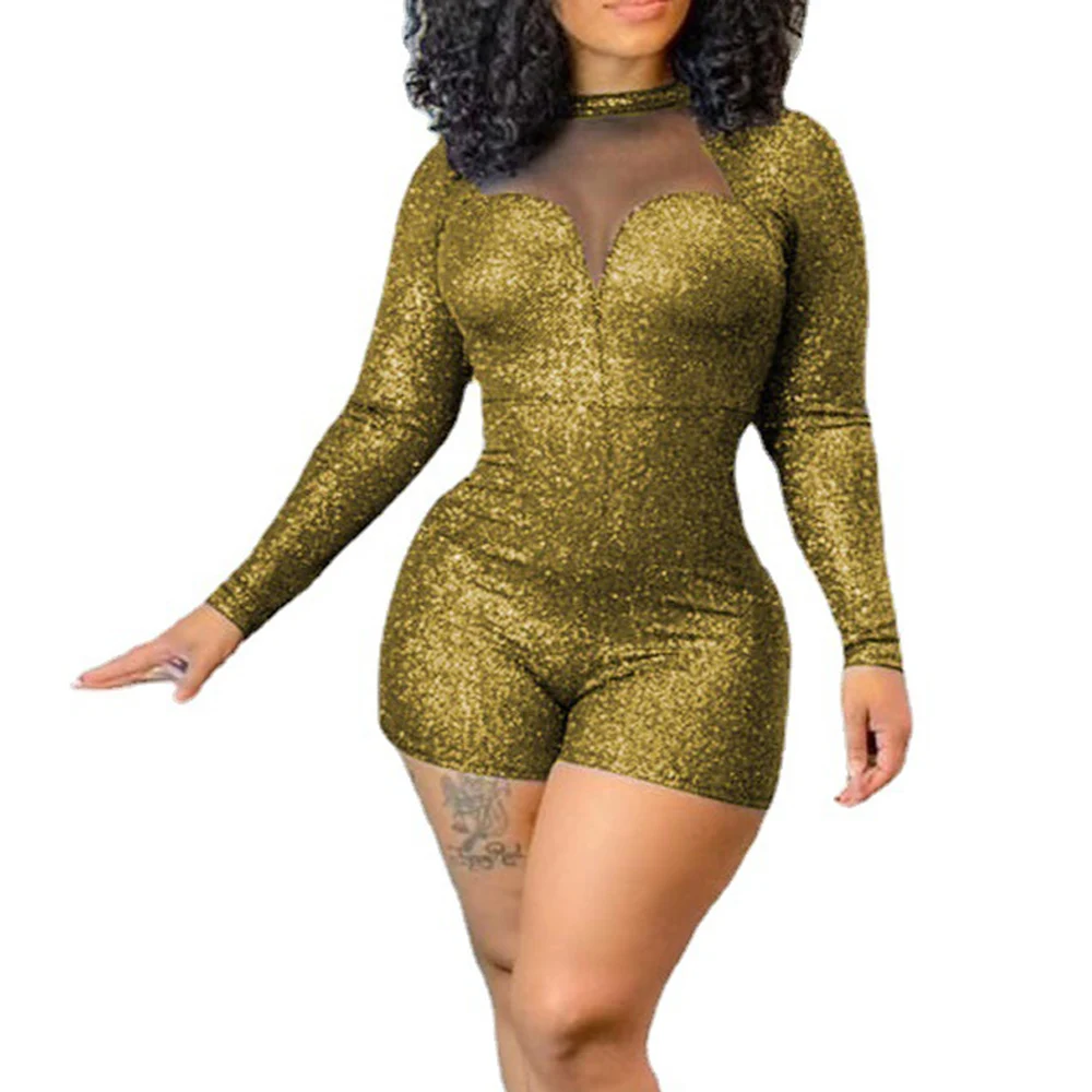 

Блестящий Облегающий комбинезон с длинным рукавом, Женский сетчатый комбинезон в стиле пэчворк, Осенний сексуальный прозрачный комбинезон с круглым вырезом, Клубная одежда, комбинезон с запахом
