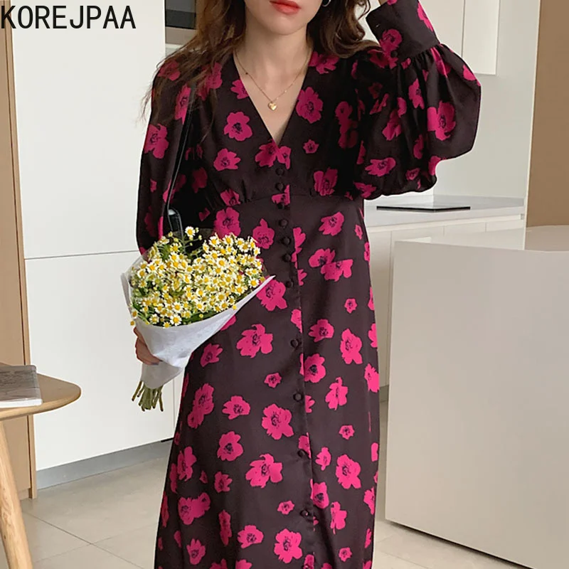 

Korejpaa Elegant Women Dress Autumn French Style Floral Printed V-neck Single Breasted Lantern Sleeve Dresses Outwear Trend