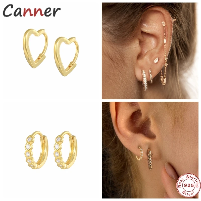 

CANNER Real 925 Sterling Silver Hoop Earrings For Women Heart Zircon Circle Round Earring Fashion Earings Jewelry pendientes