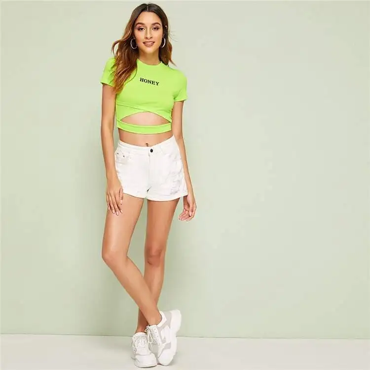 SweatyRocks, неоновый Лайм, надпись, укороченная футболка, женская уличная одежда, тройники, лето, тянущиеся тонкие футболки, повседневная женская сексуальные вершины