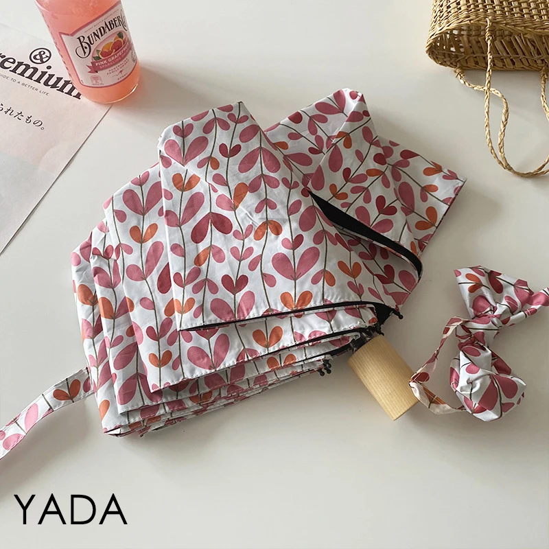 

YADA Fashion Leaves Wooden Handle Umbrellas Rain uv 3 Folding Umbrella For Women Windproof Designer Umbrellas Female YS200247
