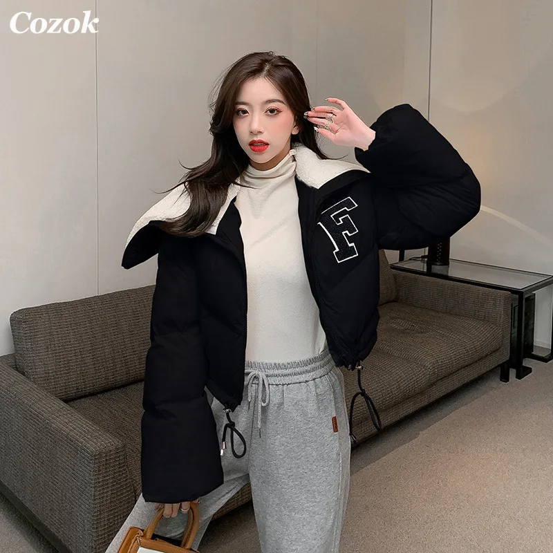 Cozok 2021 Winter Long Sleeve Lambswool Sailor Collar Short Cotton Coat Women Drawstring Jacket