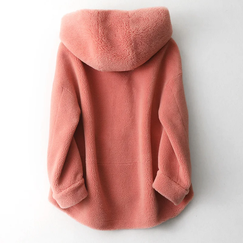 

2020 Winter Real Fur Coat Women Long Sheep Shearling Overcoat Genuine Pink Fur Coat Hooded Natural Wool Jackets 59325