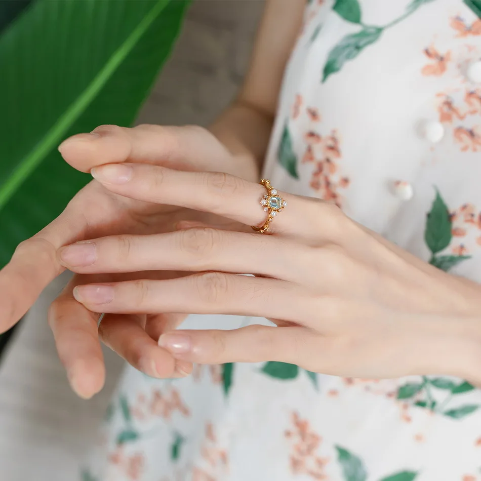 

S925 sterling silver ring 100% natural sky blue topaz handmade pearl zircon adjustable ring ladies engagement jewelry