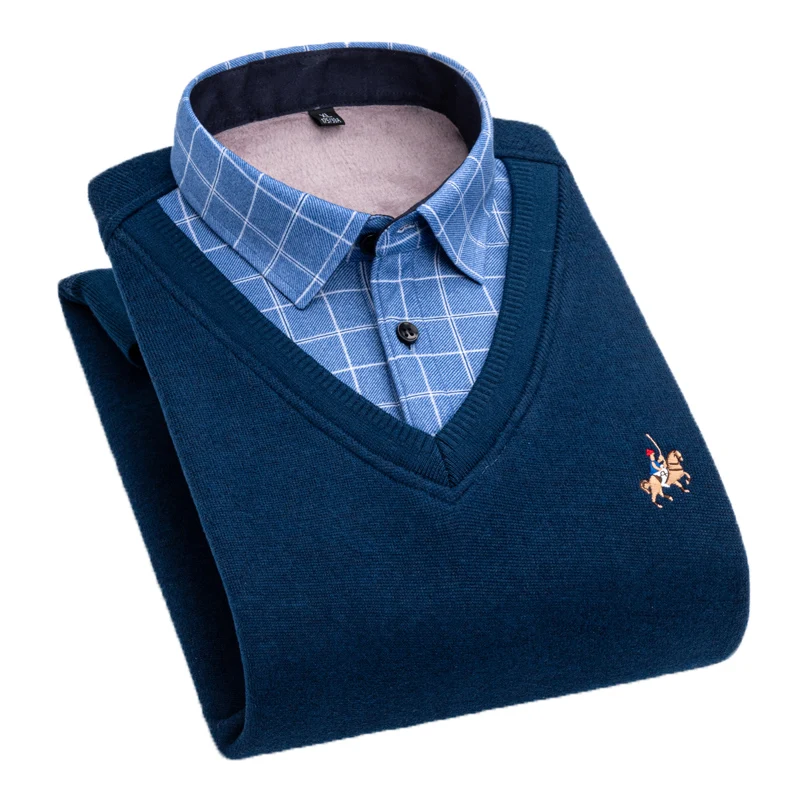 

Aoliwen Embroidered Fake Two Piece Pullover Long Sleeve Shirts Men Winter Leisure Plus Velvet Knitted Solid Color Warm Shirts