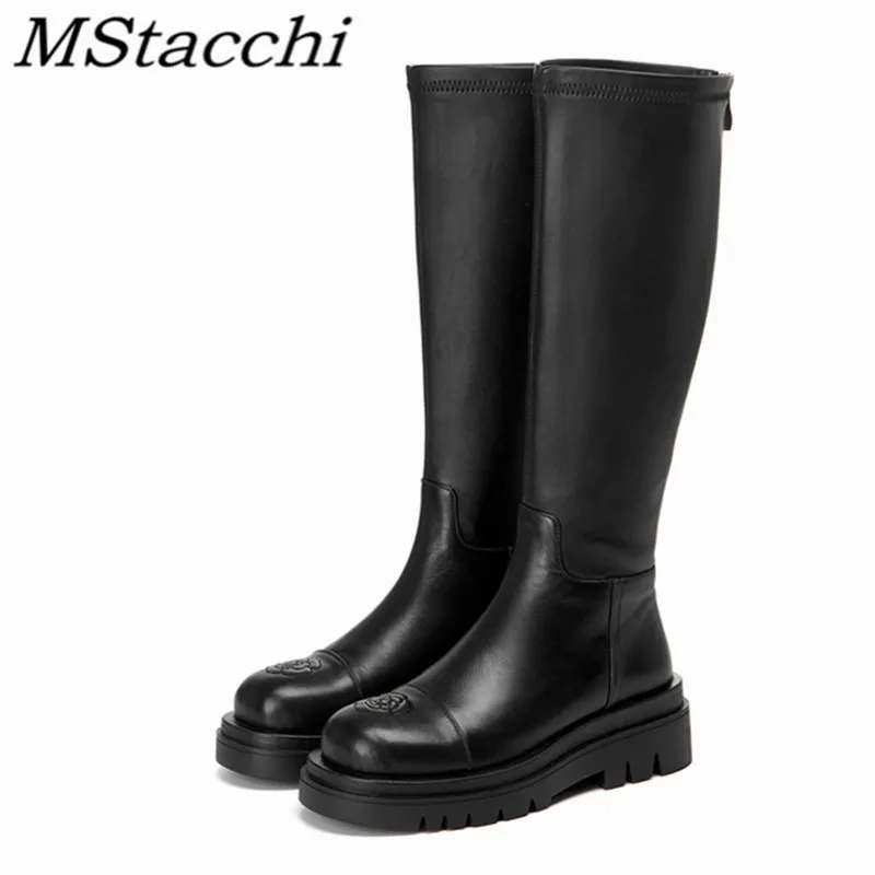 

Женские сапоги на молнии сзади MStacchi, осенне-зимние кожаные сапоги с принтом на плоской подошве, Уличная обувь для вечерние, европейский диза...