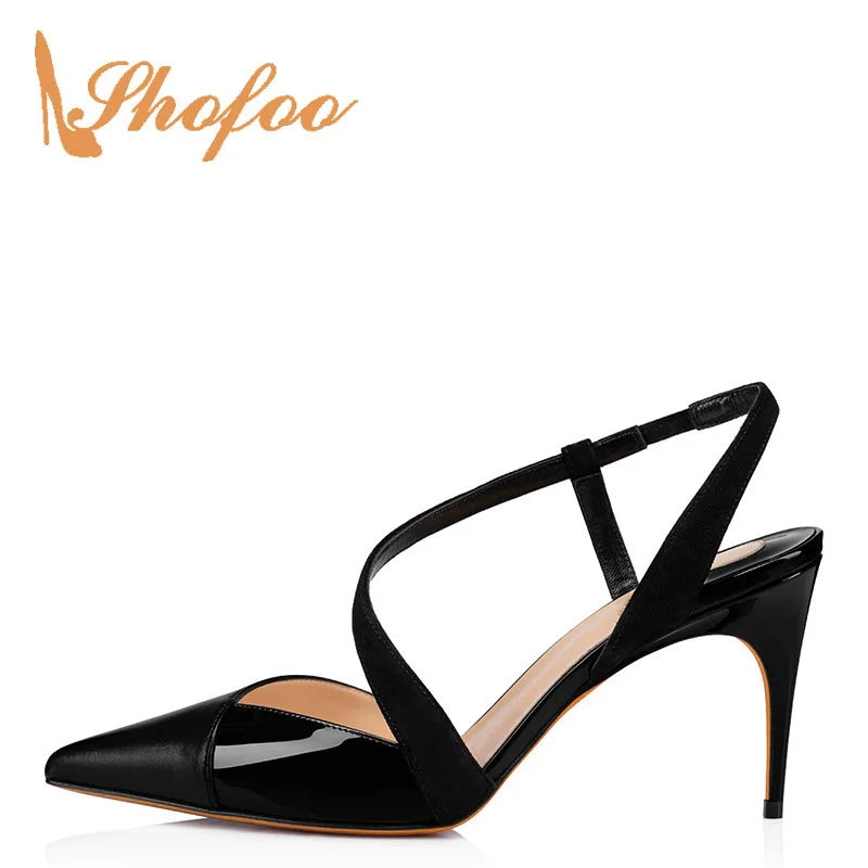 

Shofoo Patent Leather Patchwork Pointed Toe High Stilettos Sandals Woman Thin Heels Large Size 12 15 Ladies Fashion Summer Shoes