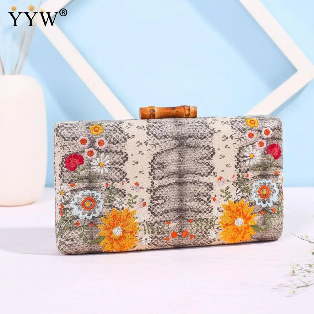 

YYW Evening Party Box Bag Embroidered Clutch Bag Ladies Shoulder Bags With Chain Multi-Colored Snakeskin Pattern Clutches Purse