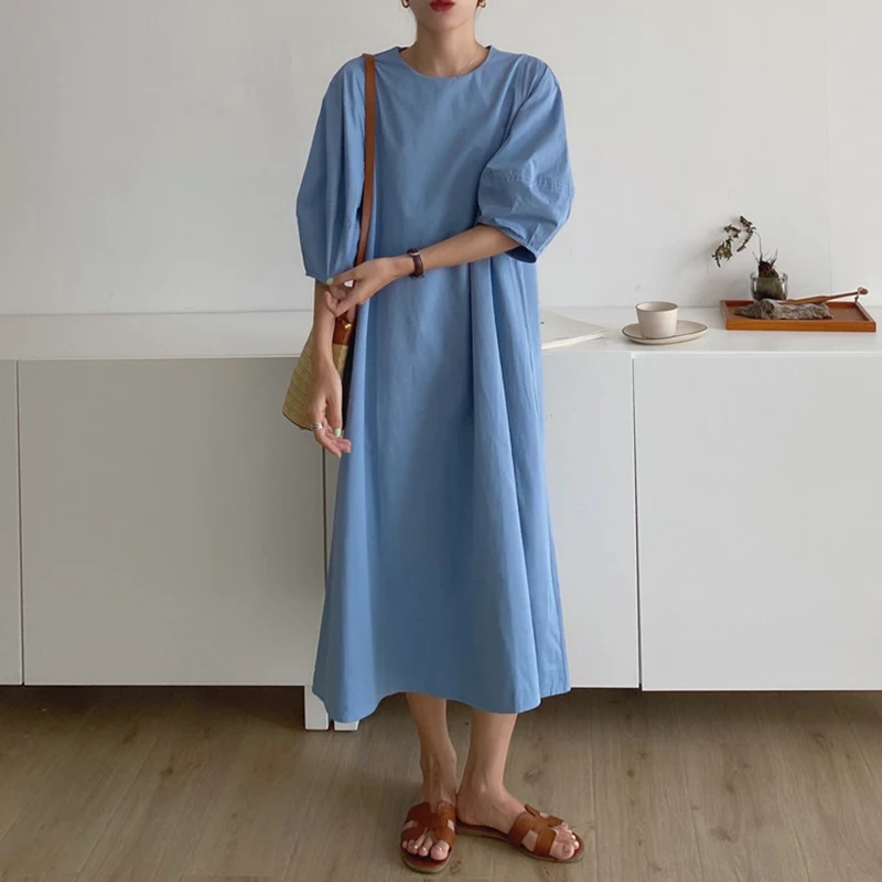 

CMAZ women Dresses summer Loose Solid Mide Calf Long Length T-shirt Dress Half Sleeve O-neck Casual A-line Female Vestidos 632#