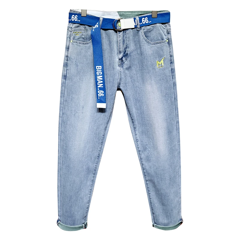 

High-Quality Embroidery Light Blue Jeans Men's Trendy Brand High-End Micro-Harem Pants Trend Nine Points