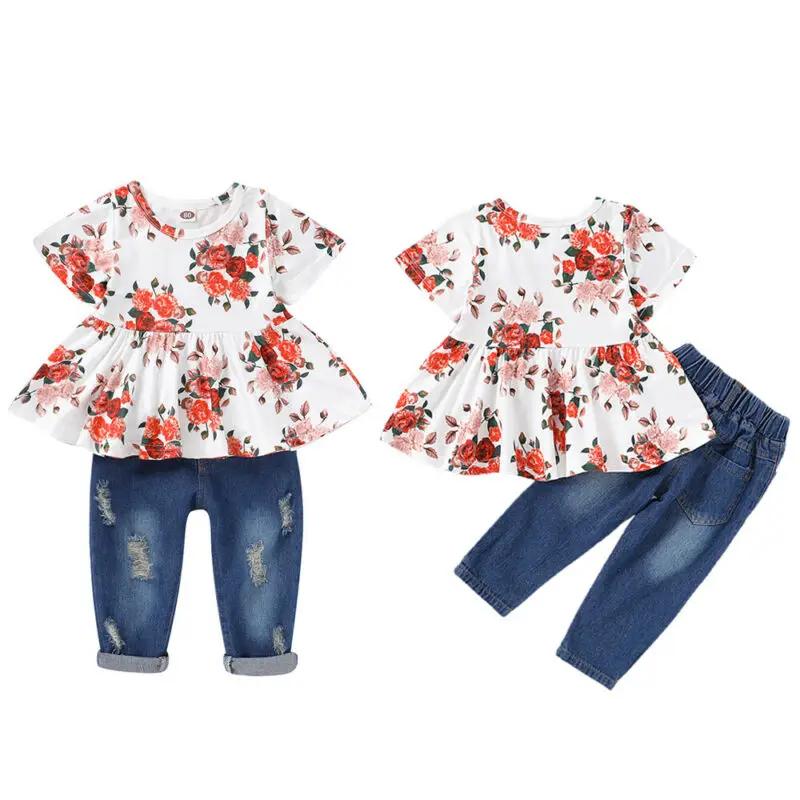 

Girls Summer Plant Print 2-piece Set White Round Neck Corset Waist Pleated Design Top Make Old Hole Decoration Casual Jeans
