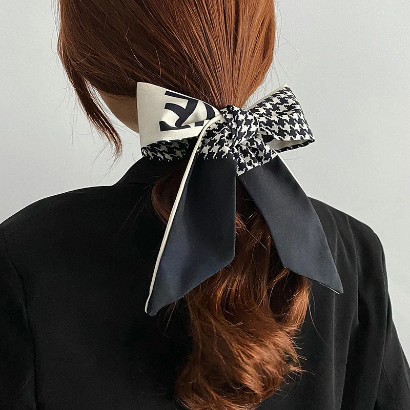 

Fashion Women Headband temperament scarf Bow Satin Long Ribbon Girls Print Head Scarf Headwear sweet Hair Accessories