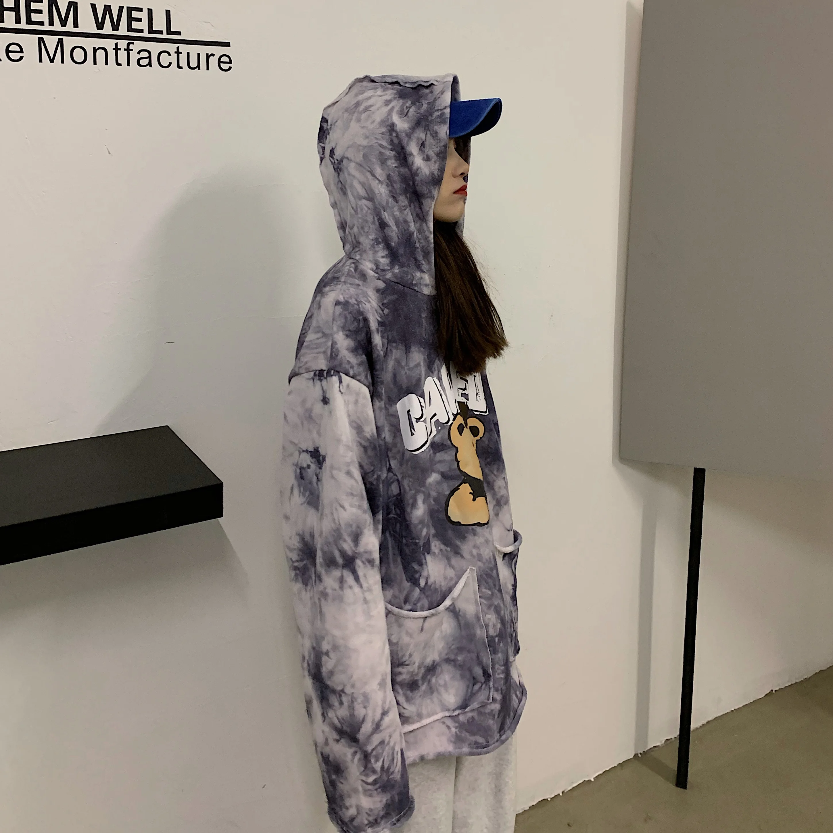 

Harajuku INS-Style Bear Printed Letter Tie-dye Pocket Retro Hoodie Pure Cotton Loose-Fit Hoodie Women's Street Hip Hop