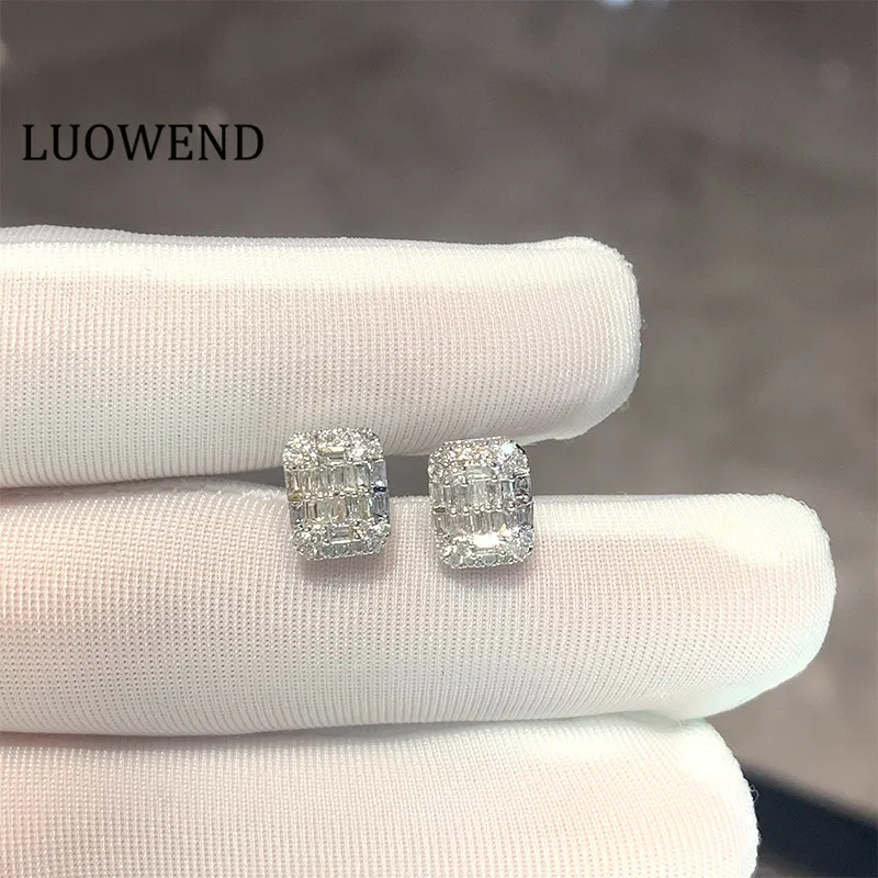 

LUOWEND 100% 18K White Gold Women Engagement Stud Earrings 0.5 CT Certified Real Natural Diamond Earring Rectangle Halo Design