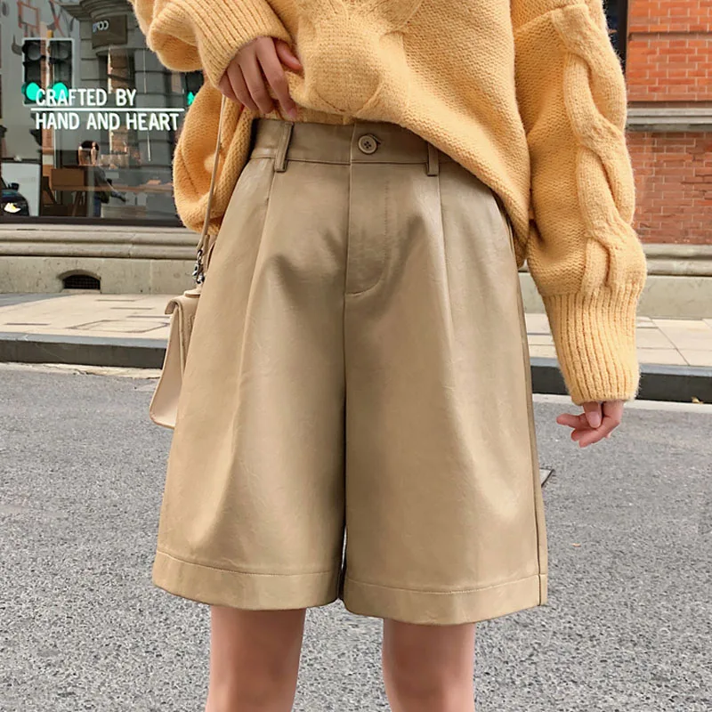 

Summer 2021 Baggy Women Shorts High Waist Wide Leg Shorts for Women Pu Leather Women's Clothing Short Femme 10995