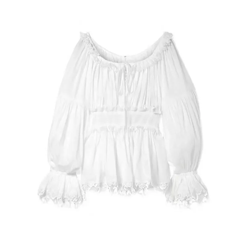 

VGH Casual Loose Elegant Shirts For Women Slash Collar Flare Long Sleeve Lace Up High Waist Patchwork Blouses Female Fashion New