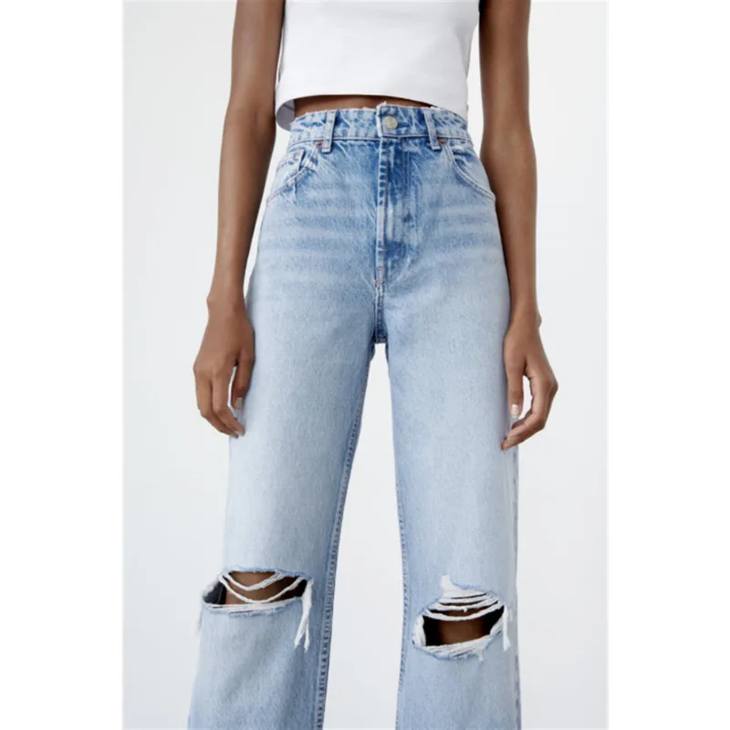 

Za Spring Vintage Baggy Jeans Women 2022 High Waist Straight Trousers Retro Wide Leg Pants Female Casual Ripped Denim Pants
