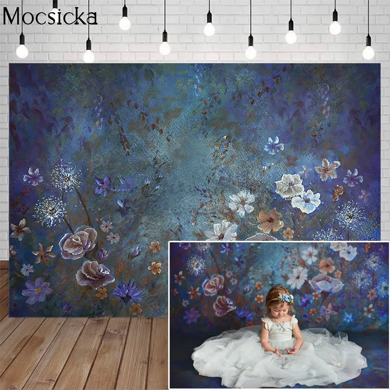 Винтажный синий цветочный фон для фотосъемки новорожденных детей абстрактная