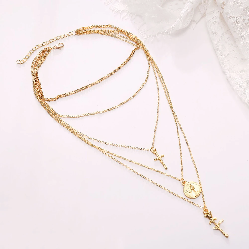 Vintage Women Necklace Cross Rose Flower Medal Coin Pendant Women Multi-layer Necklace Jewelry Woman's accesories