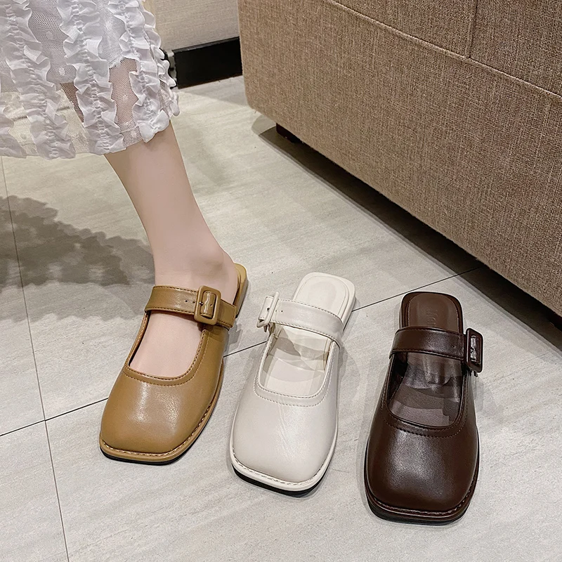 

Slippers Casual Square Toe Female Shoes Slides Butterfly-Knot Rivet Luxury 2021 Soft Flat Butterfly-knot PU Rubber Fashion Scand