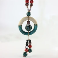 retro chinese style handmade ceramic bead round pendant long necklace sweater necklace n422
